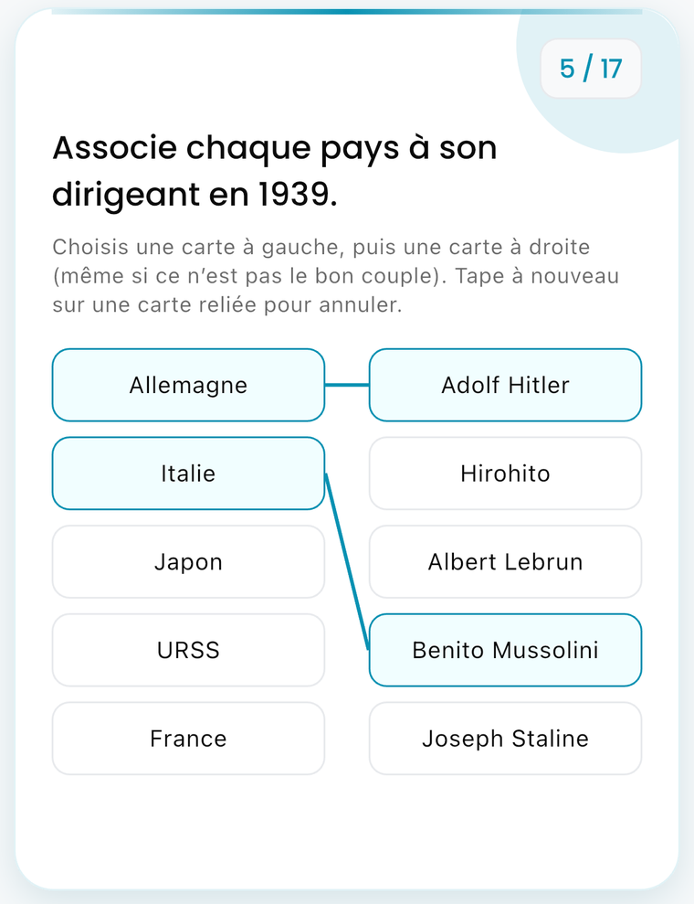Exercice d’association entre pays et dirigeants en 1939