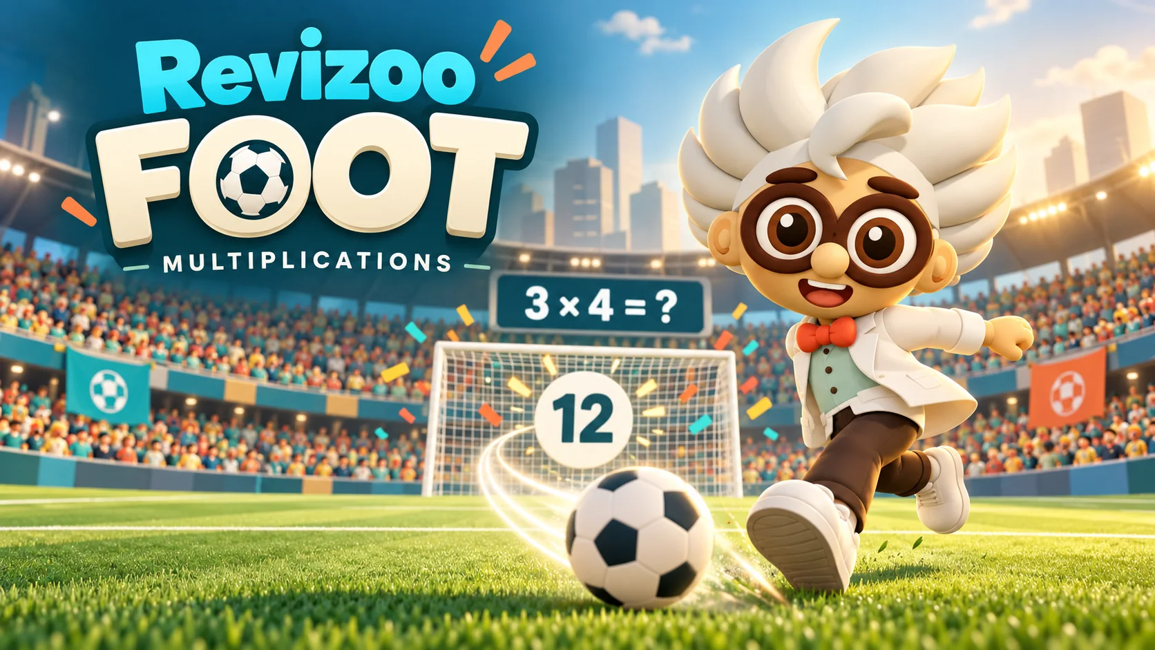 La mascotte Revizoo tire un penalty vers une cible avec le résultat d’une multiplication.