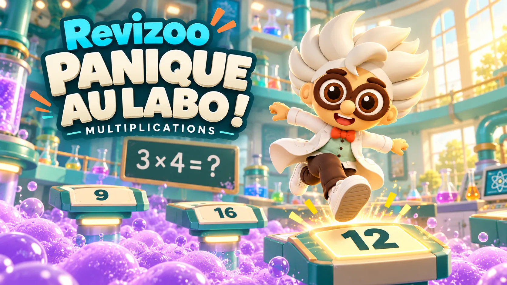 La mascotte Revizoo saute vers le bon résultat au-dessus de la mousse violette du laboratoire.